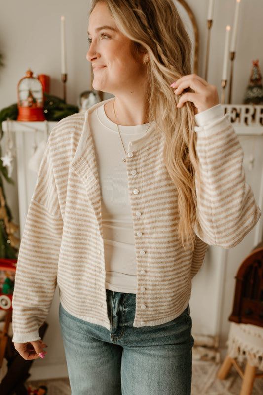 STRIPE RAW EDGE DROP SHOULDER KNIT CARDIGAN