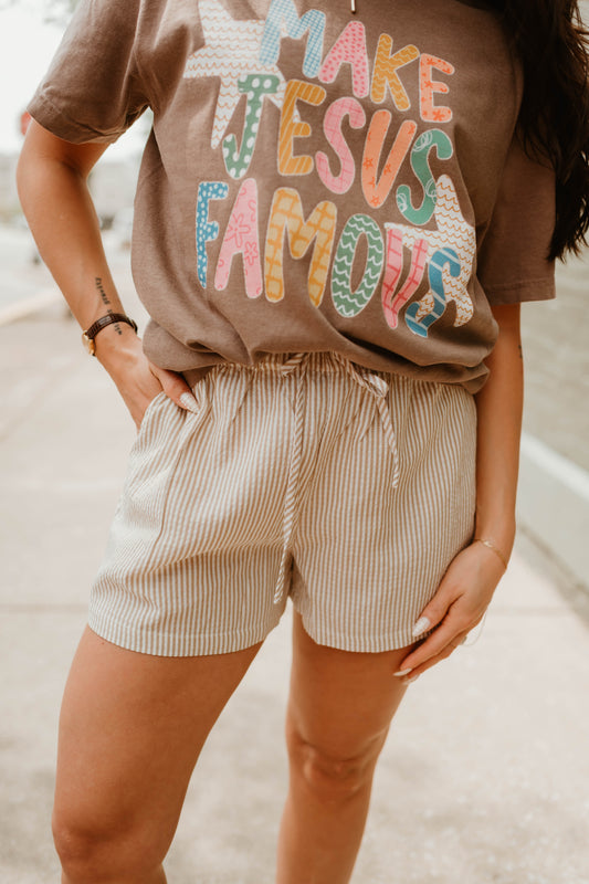 TAUPE STRIPED DRAWSTRING SHORTS
