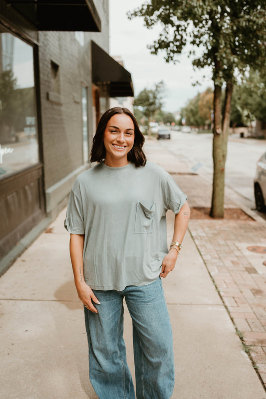 BLUE GRAY WASHED RIBBED POCKET TEE