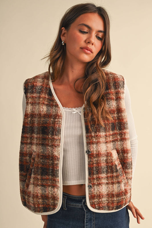 SLEEVELESS PIPING PLAID POCKET VEST