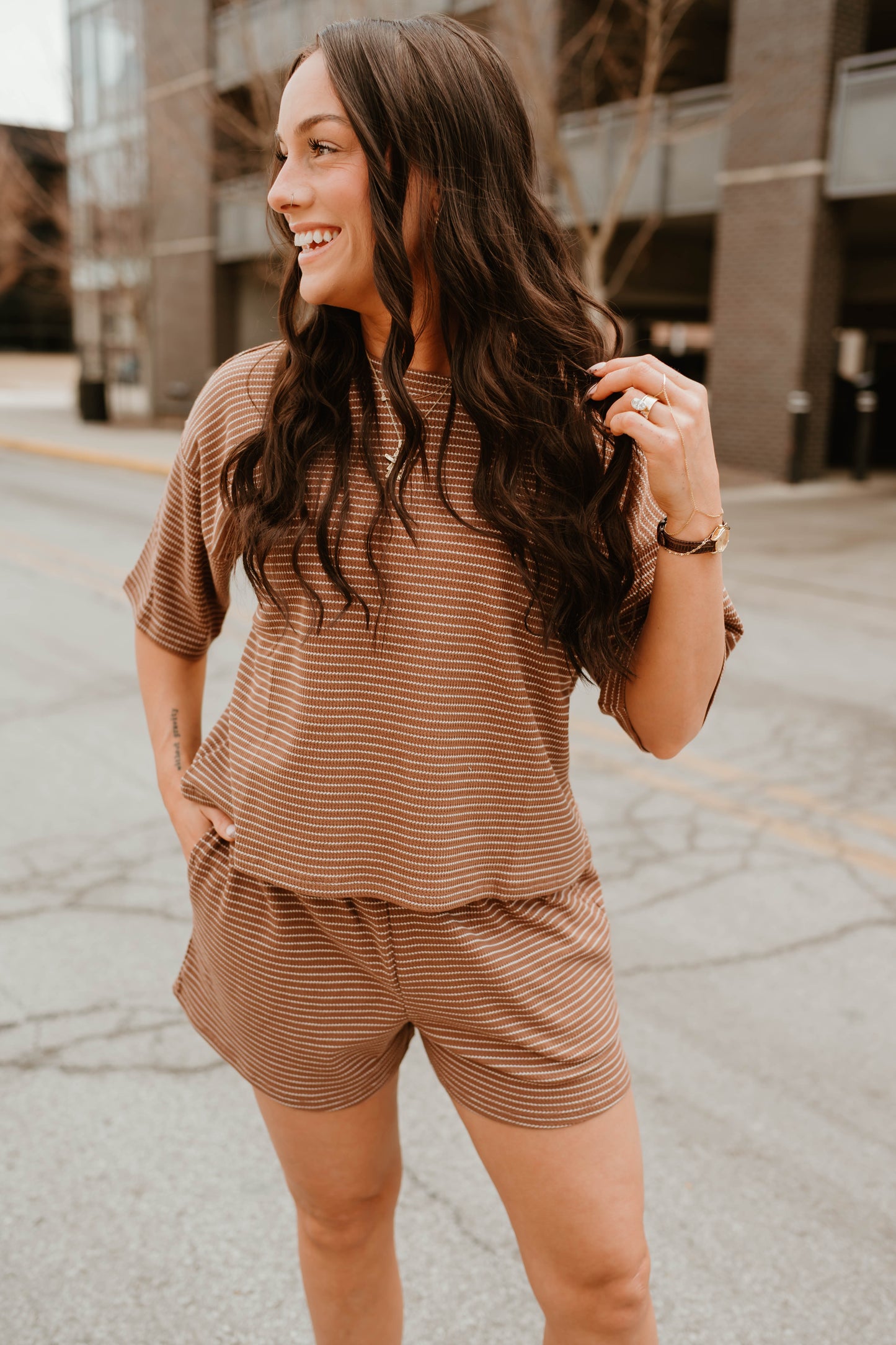BROWN STRIPED TEE + SHORTS SET