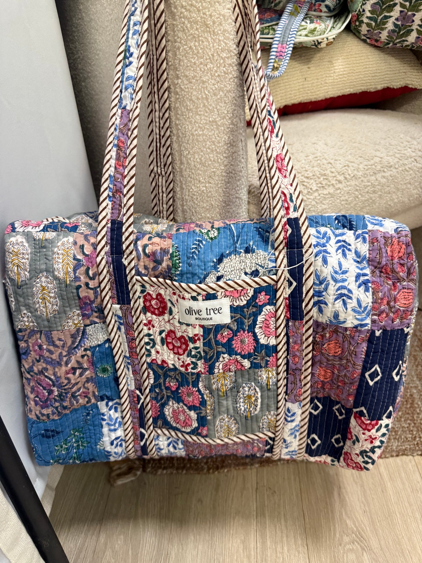 NAVY + PURPLE QUILTED PATCHWORK DUFFLE