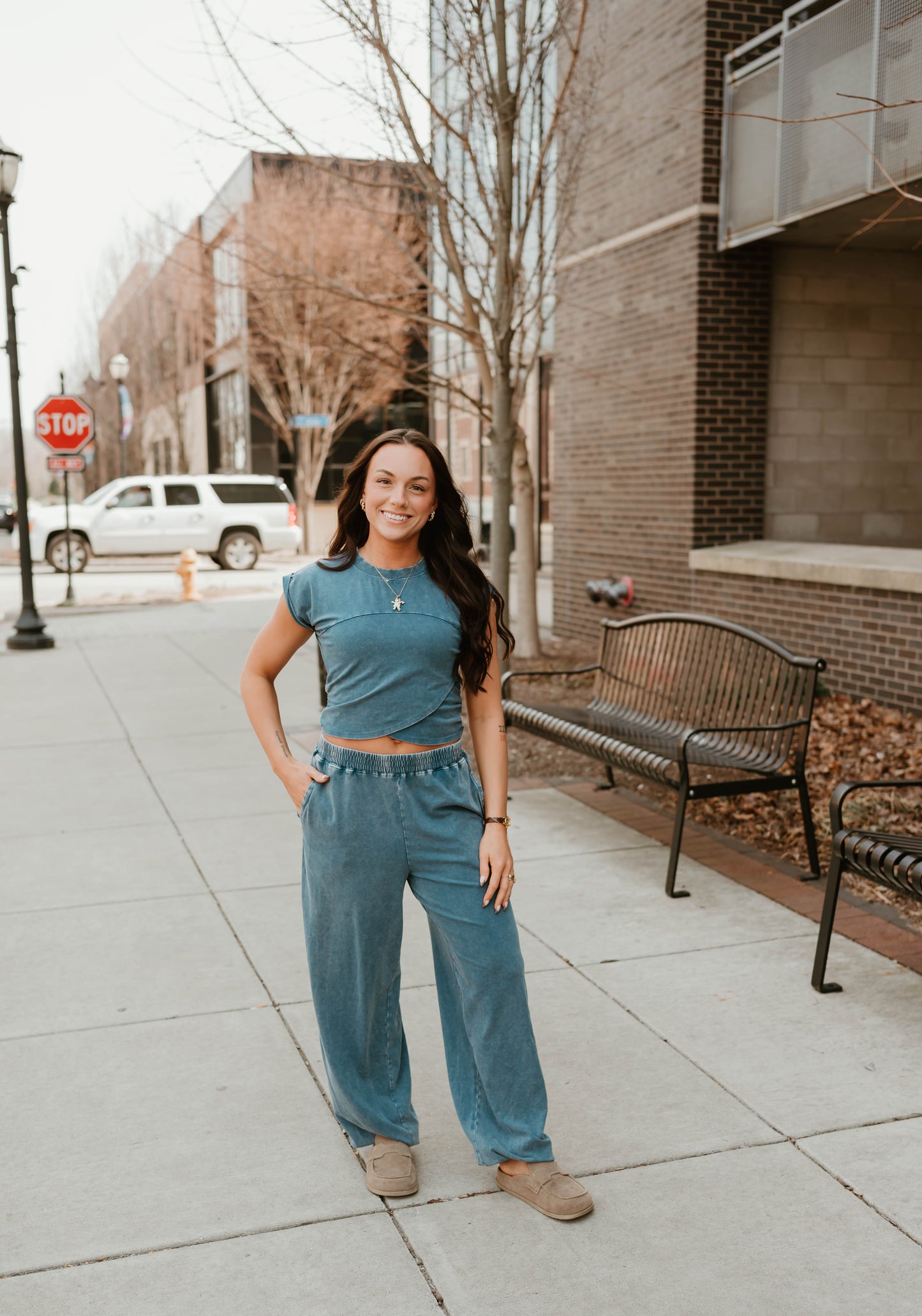 NAVY WRAP FRONT CROPPED TEE + JOGGER SET