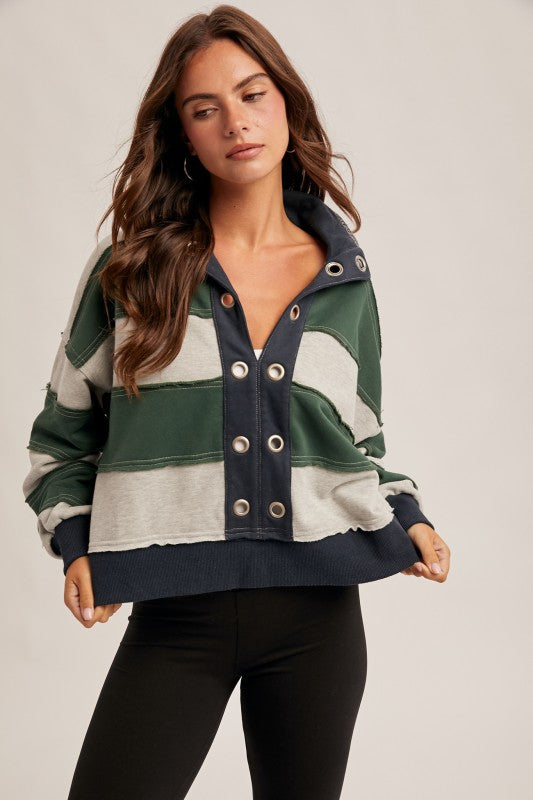 GREEN + GRAY STRIPED PULLOVER