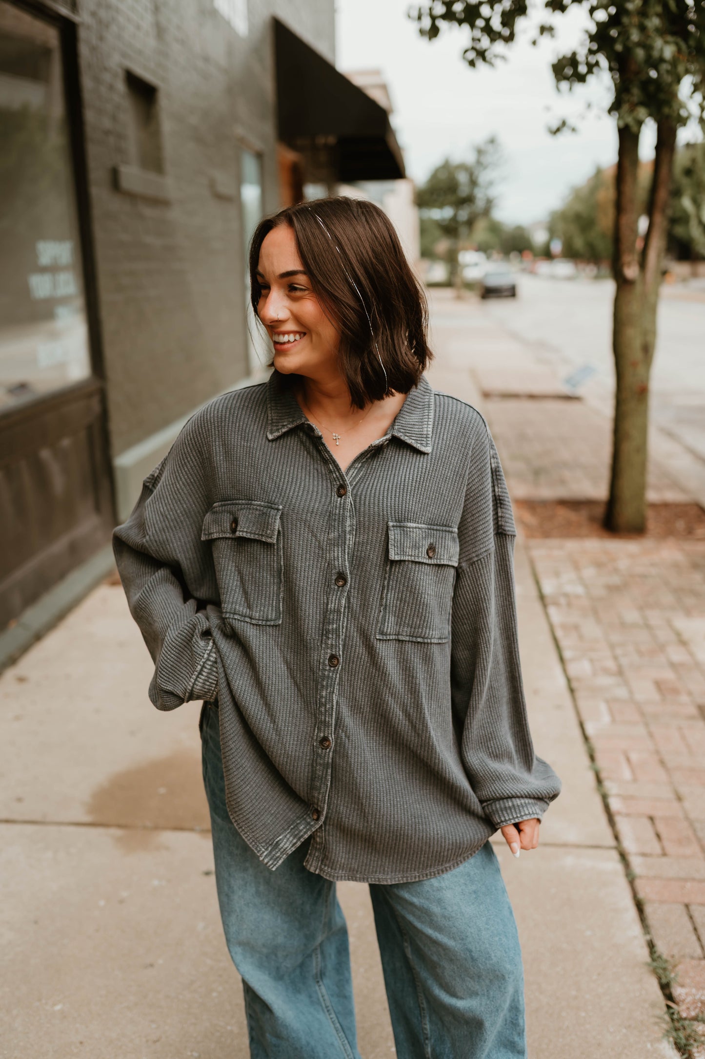 GRAY MINERAL WASH WAFFLE SHACKET