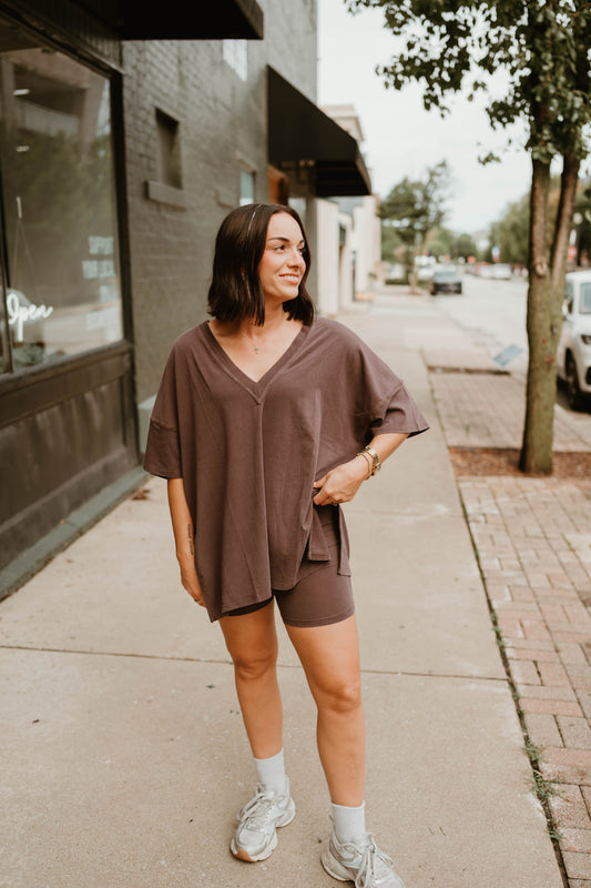 MOCHA OVERSIZED TEE + BIKER SHORT LOUNGE SET