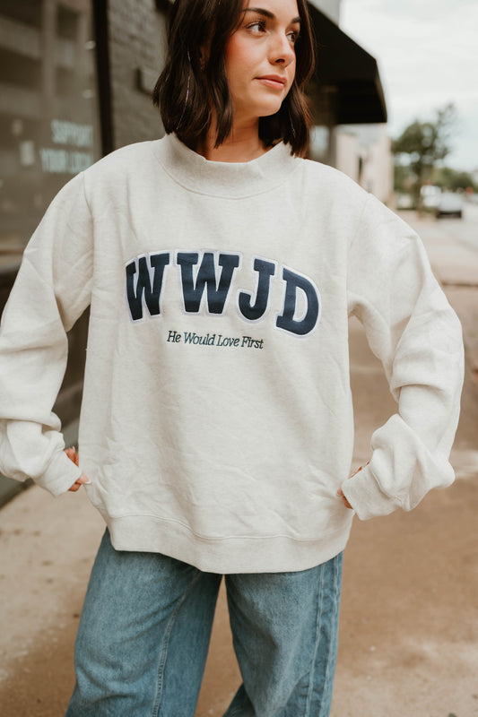 "WWJD" PREMIUM MOCKNECK CREW | ASH