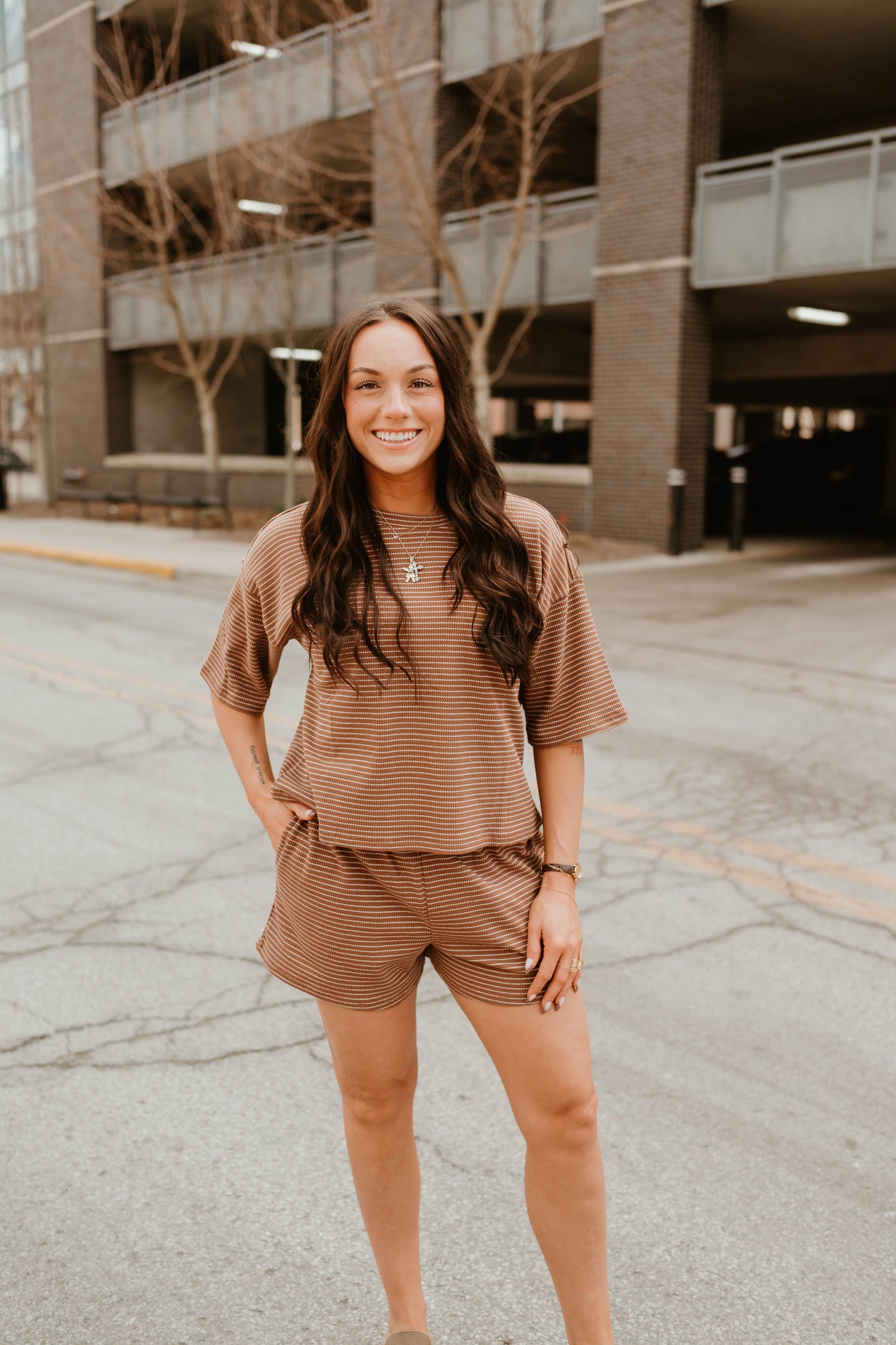 BROWN STRIPED TEE + SHORTS SET