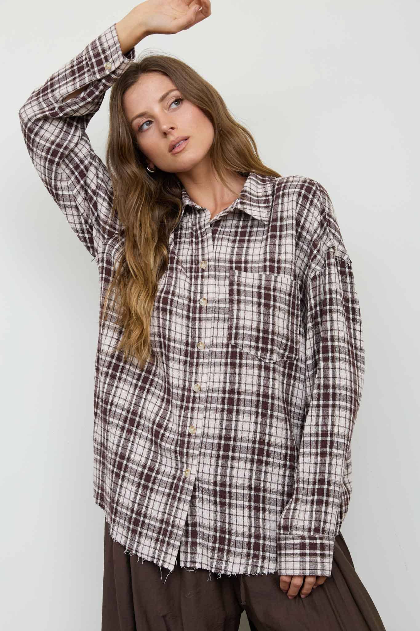 BROWN + CREAM PLAID BUTTON DOWN