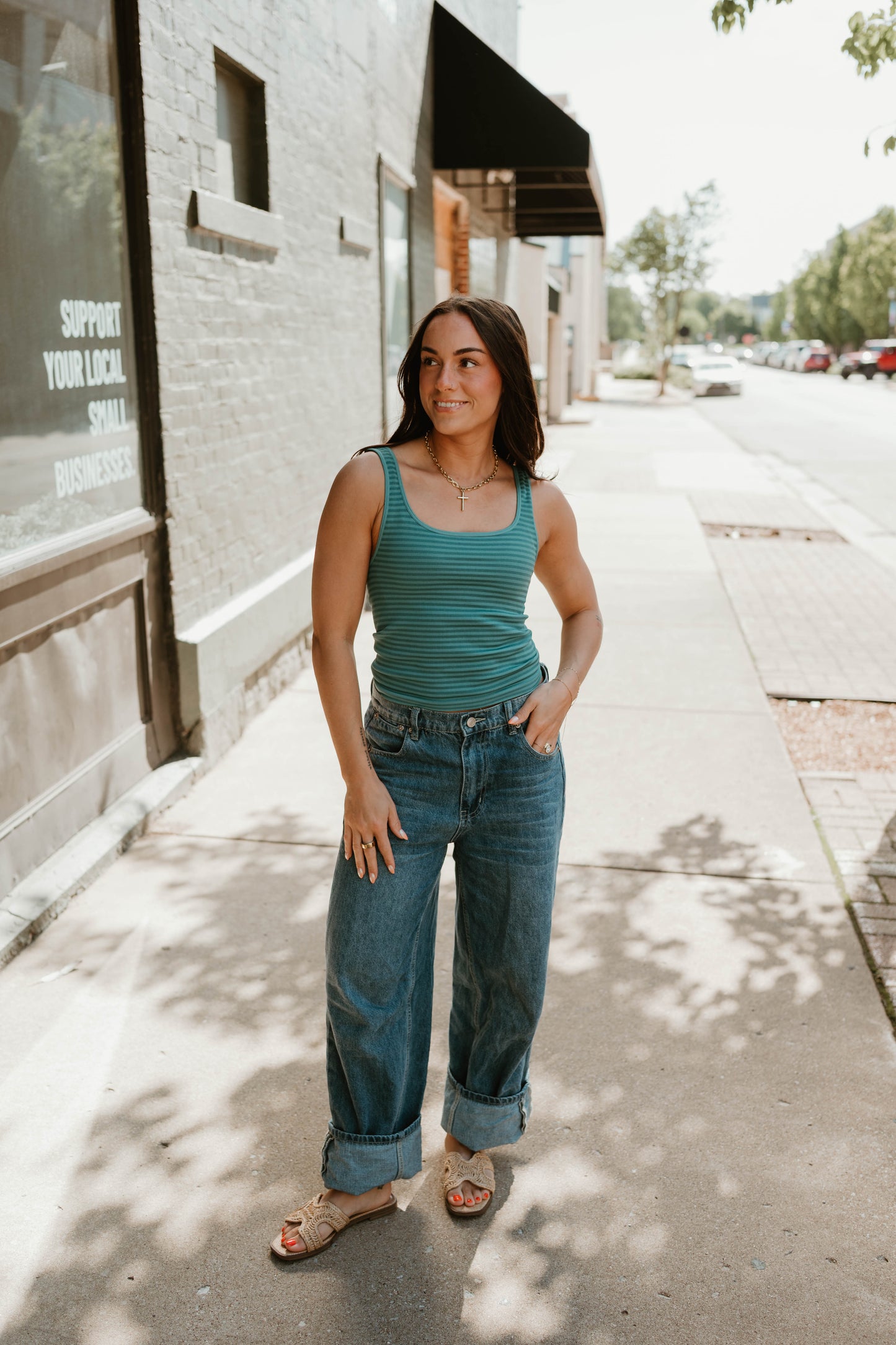 TEAL STRIPED RIBBED CROP TANK