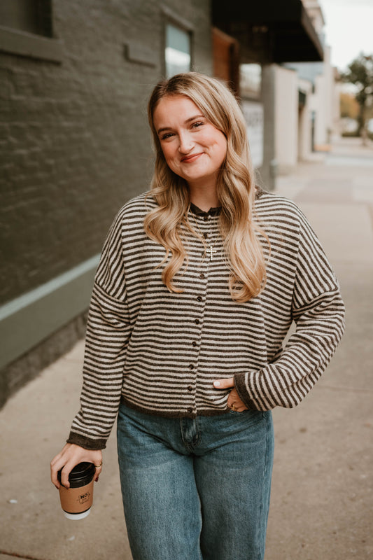 BROWN + CREAM STRIPED BUTTON FRONT CARDIGAN
