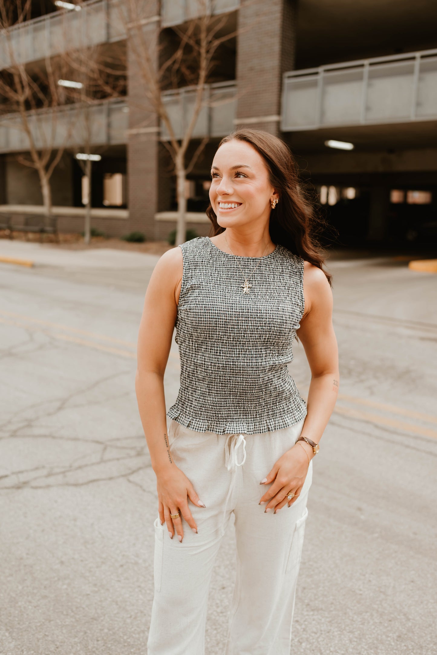 NAVY + CREAM GINGHAM SMOCKED TOP