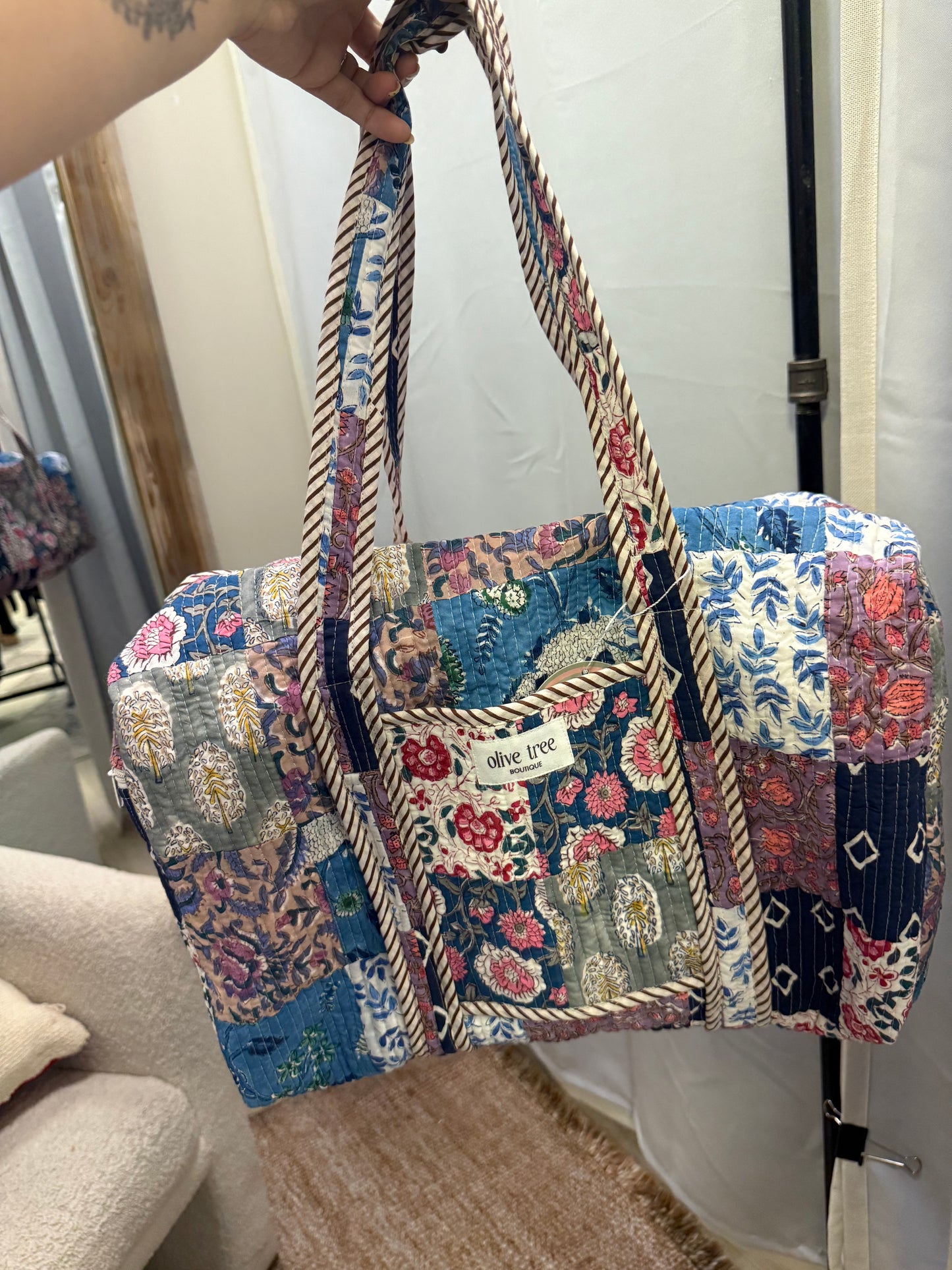 NAVY + PURPLE QUILTED PATCHWORK DUFFLE