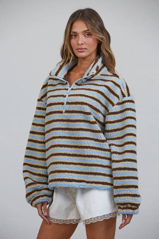 BLUE + MOCHA STRIPED SHERPA PULLOVER