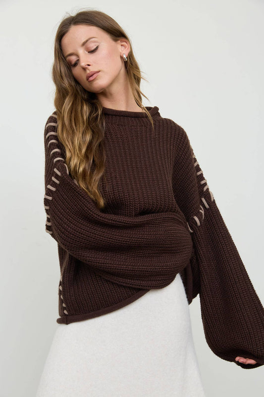 CONTRAST STITCH MOCK NECK SWEATER