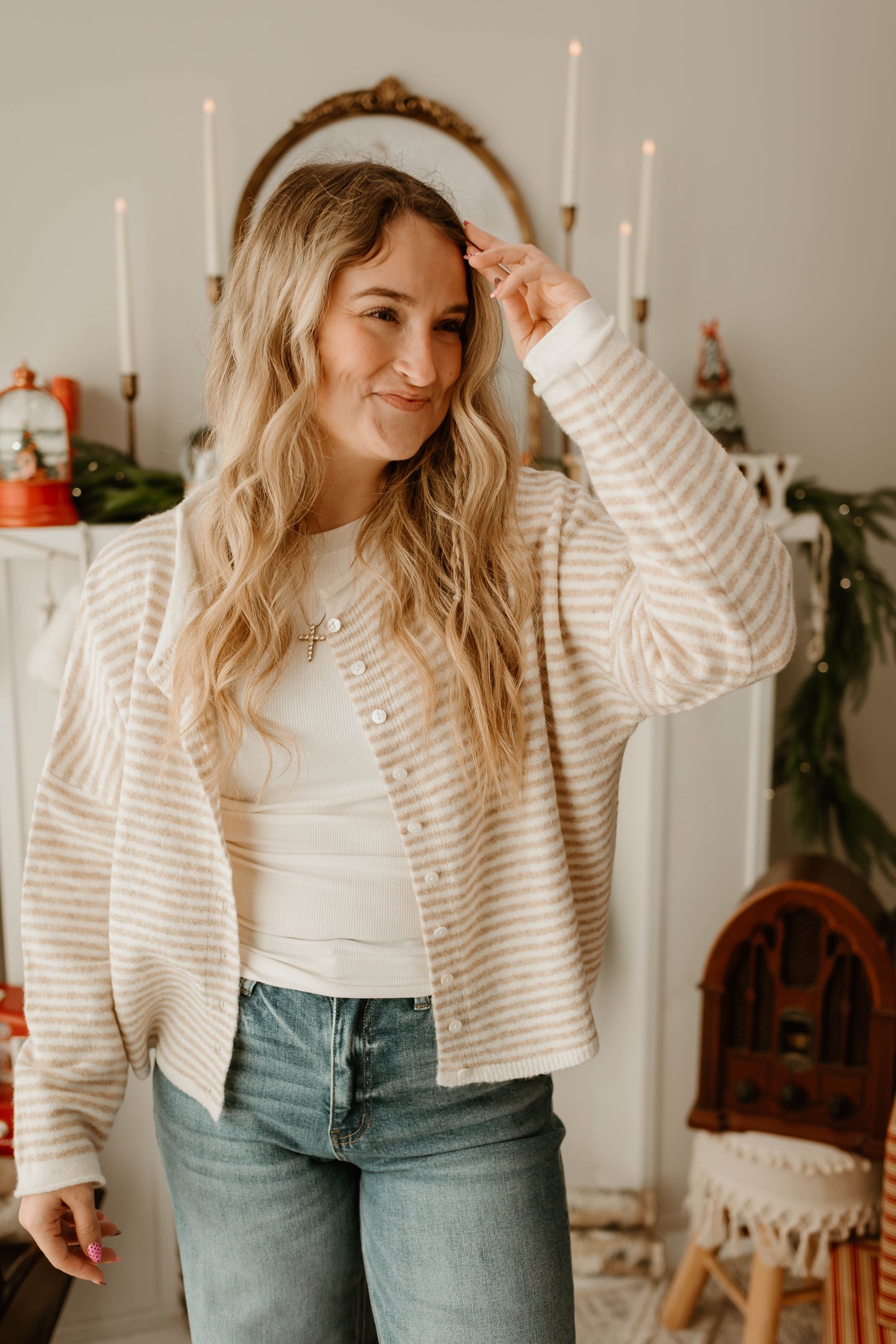 STRIPE RAW EDGE DROP SHOULDER KNIT CARDIGAN