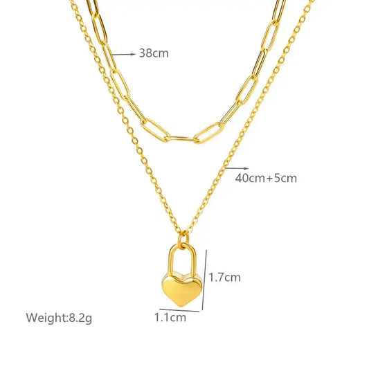 DOUBLE LAYERED PAPERCLIP CHAIN + LOCK HEART