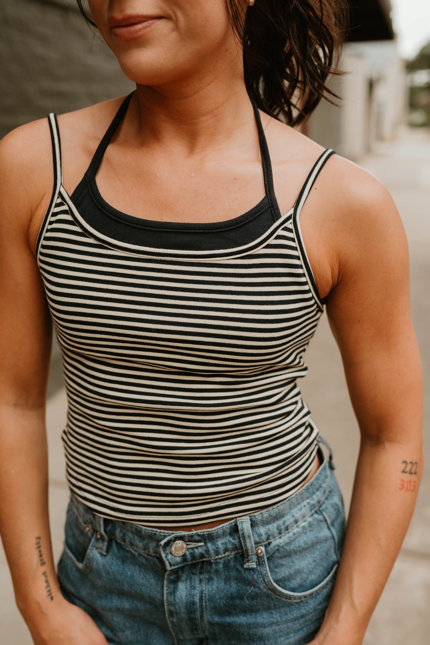 TWO TONE HALTER NECKLINE STRIPE CAMI TOP