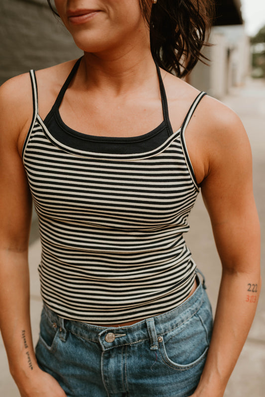 TWO TONE HALTER NECKLINE STRIPE CAMI TOP