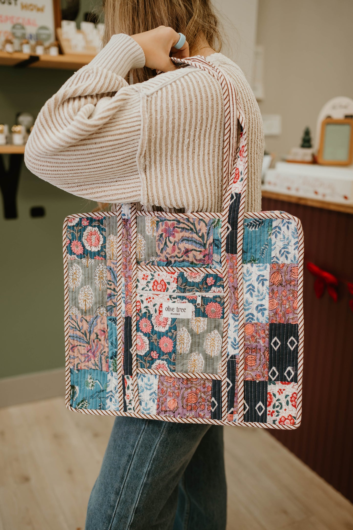 NAVY + PURPLE QUILTED PATCHWORK TOTE