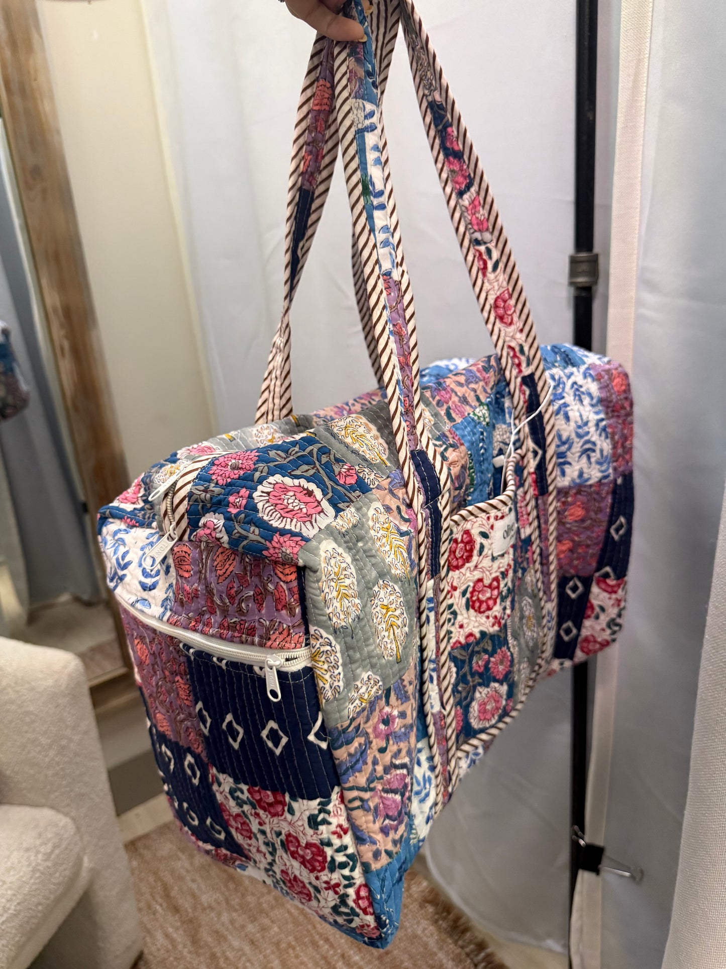 NAVY + PURPLE QUILTED PATCHWORK DUFFLE