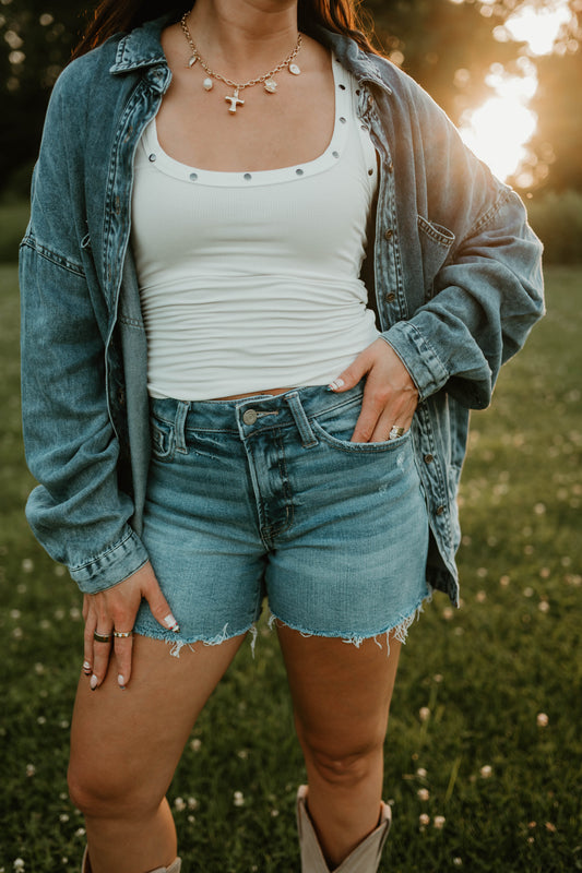 HIGH RISE RAW HEM DENIM SHORTS