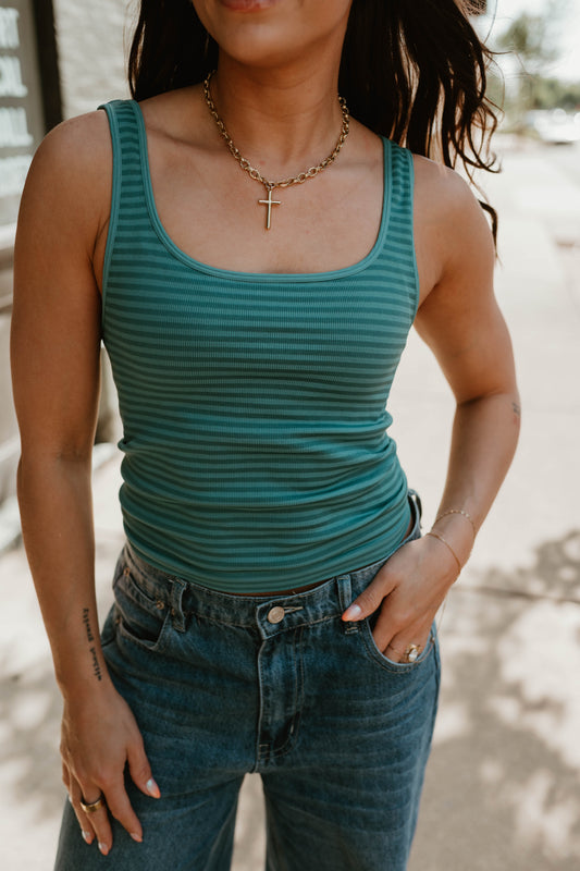 TEAL STRIPED RIBBED CROP TANK
