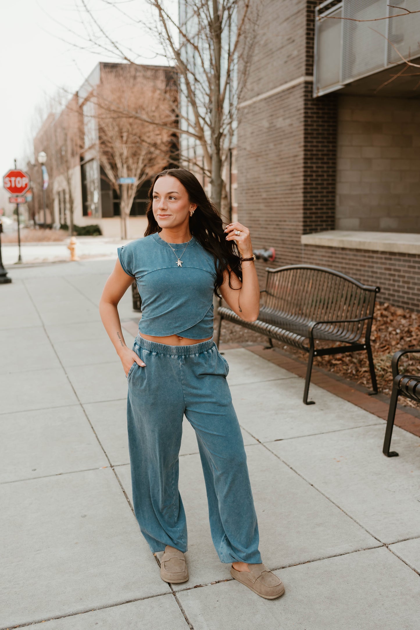 NAVY WRAP FRONT CROPPED TEE + JOGGER SET