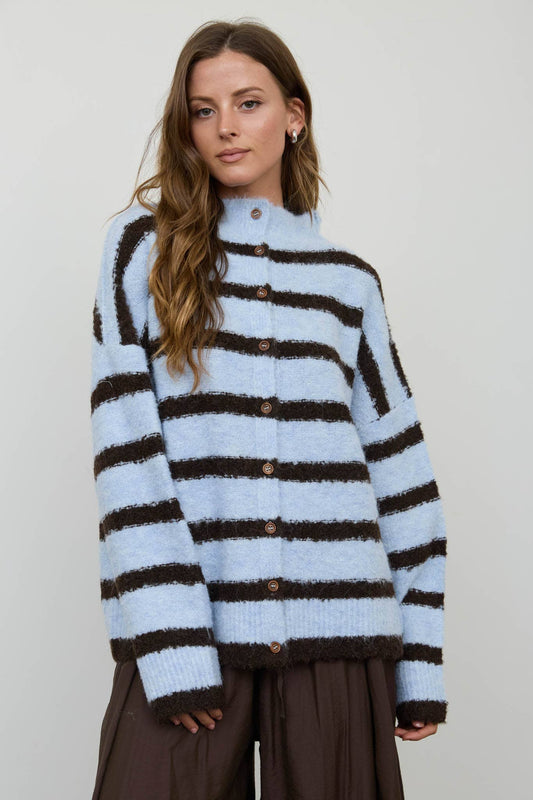BLUE + BROWN STRIPED BUTTON DOWN CARDIGAN