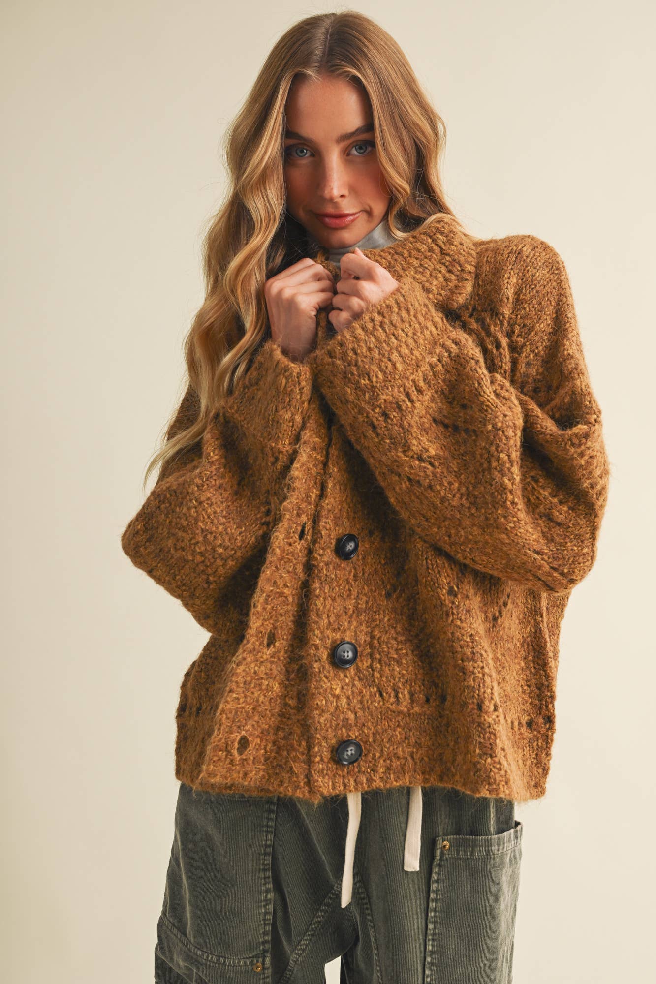 CAMEL OPEN KNIT BUTTON FRONT SWEATER