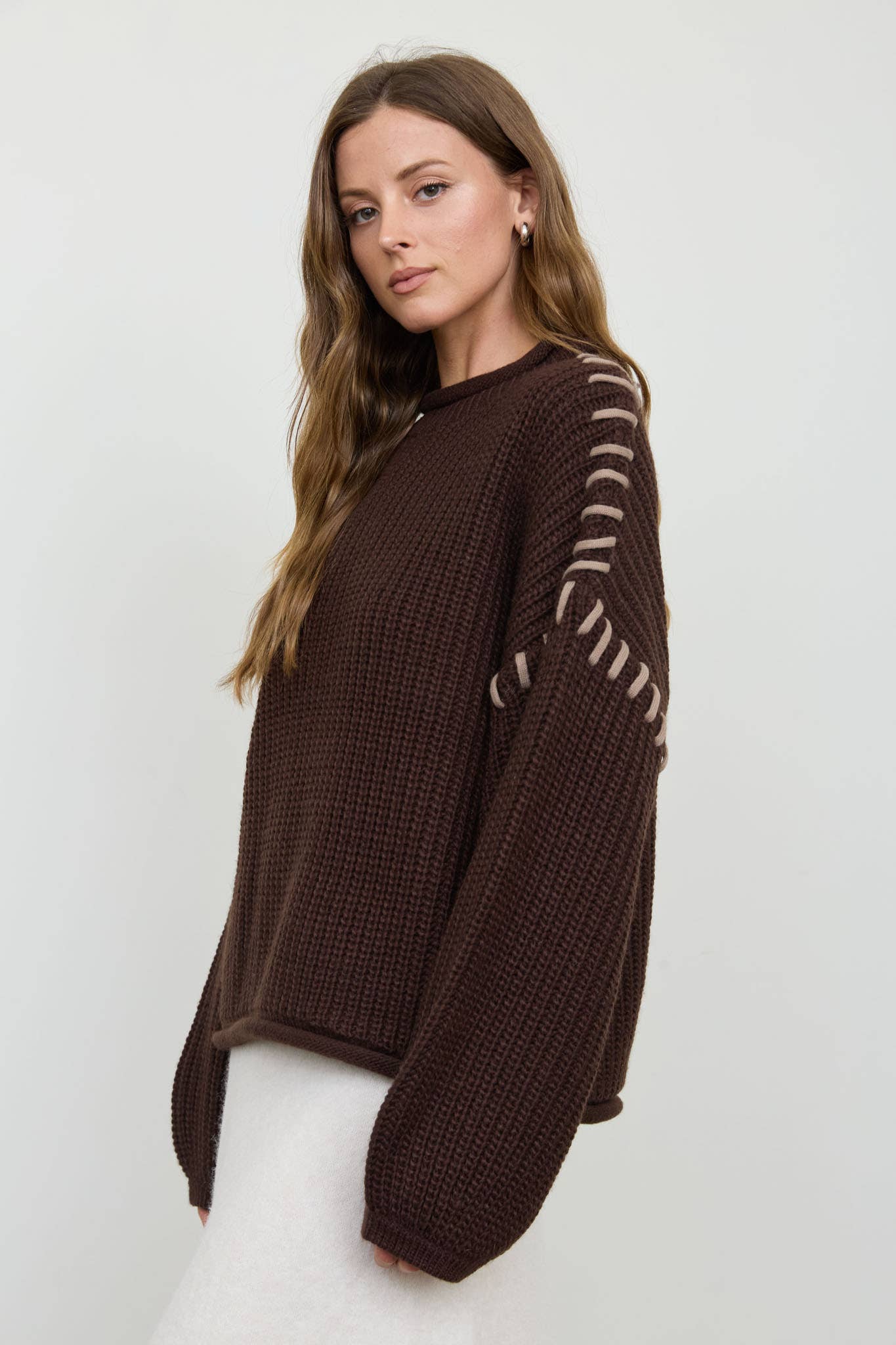 CONTRAST STITCH MOCK NECK SWEATER