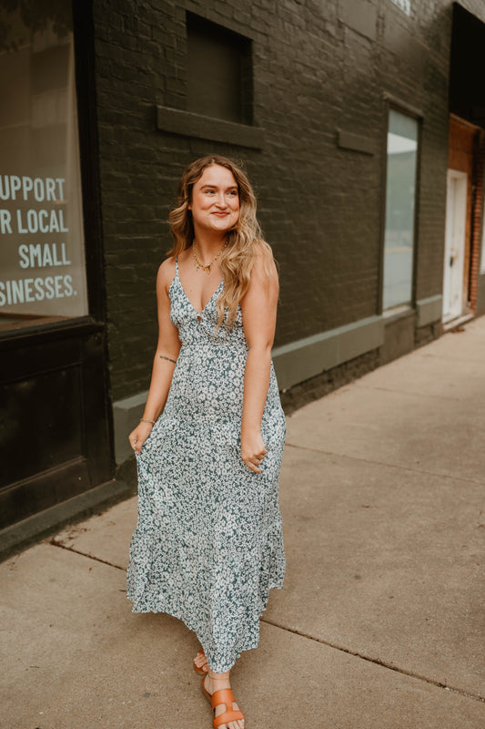 BLUE + IVORY FLORAL MIDI DRESS
