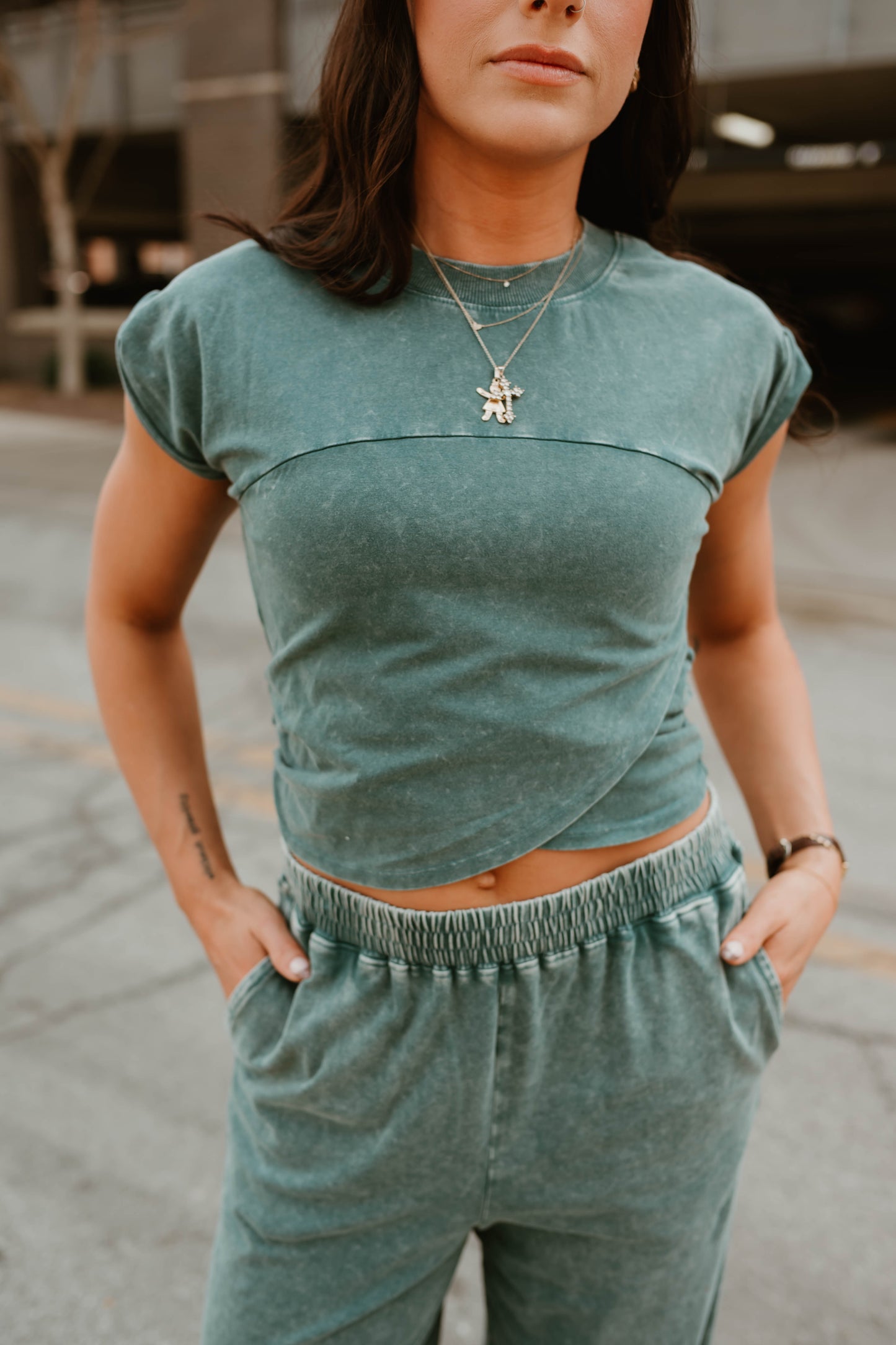 TEAL WRAP FRONT CROPPED TEE + JOGGER SET