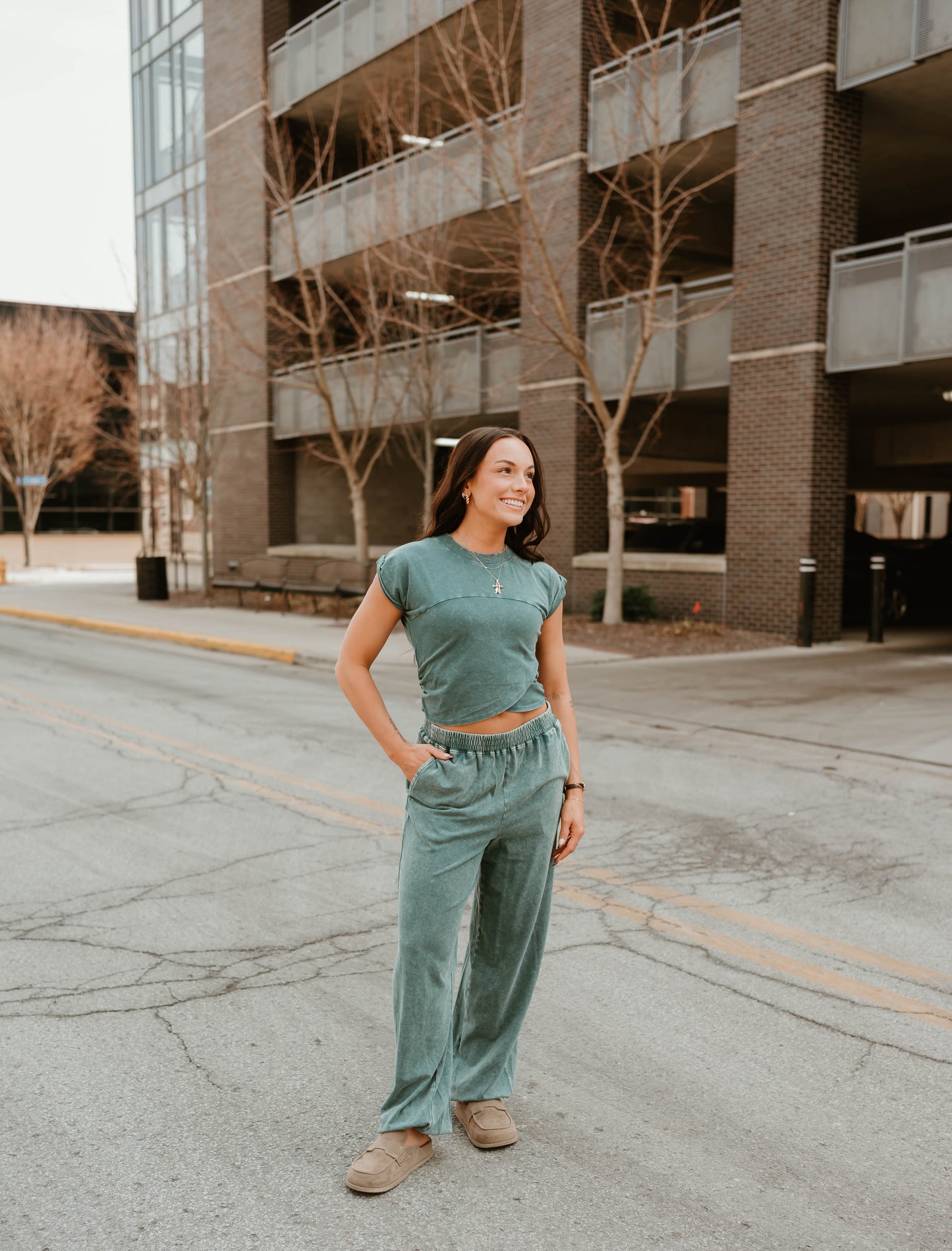 TEAL WRAP FRONT CROPPED TEE + JOGGER SET