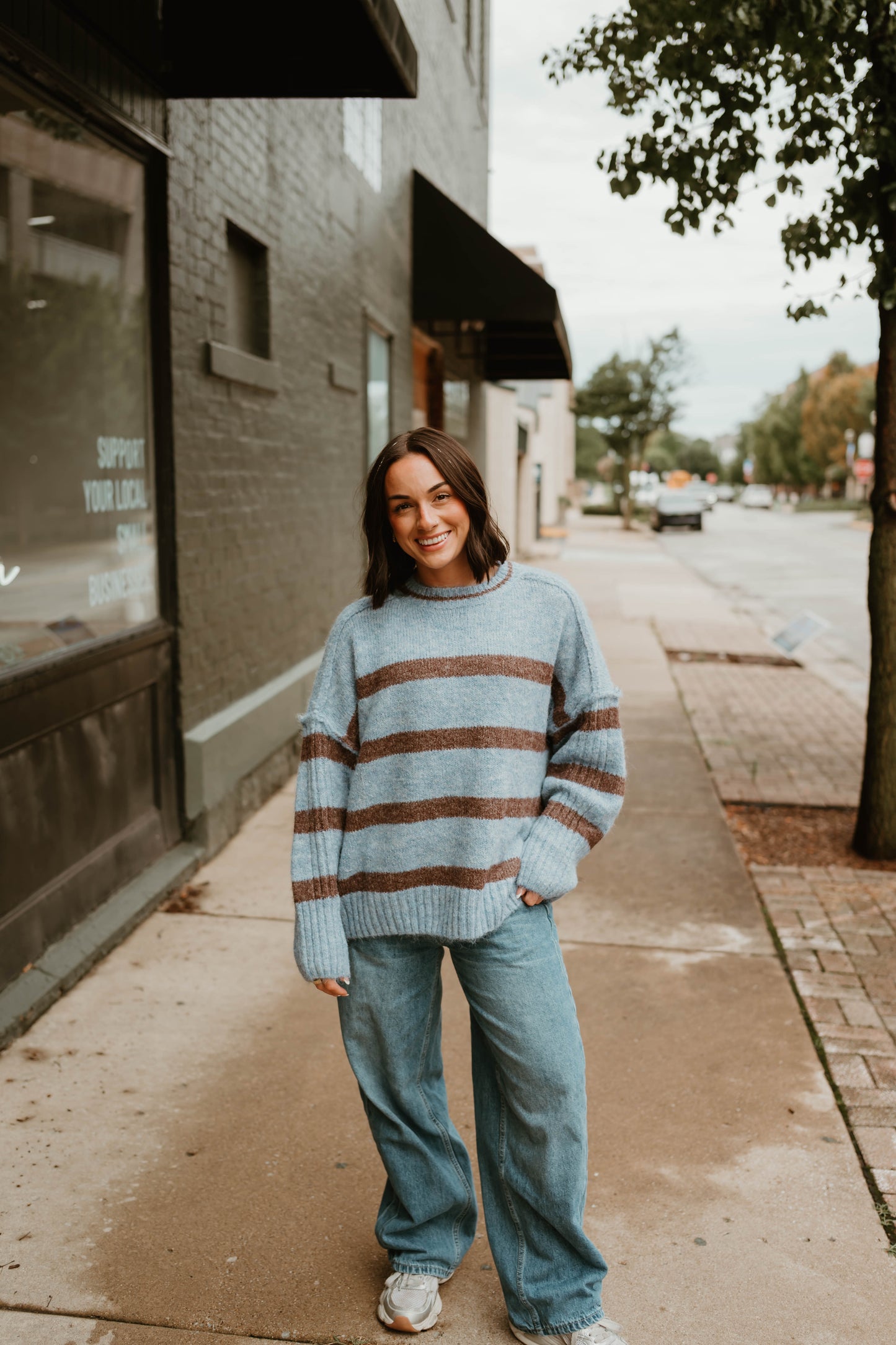 BLUE + MOCHA STRIPED OVERSIZED SWEATER
