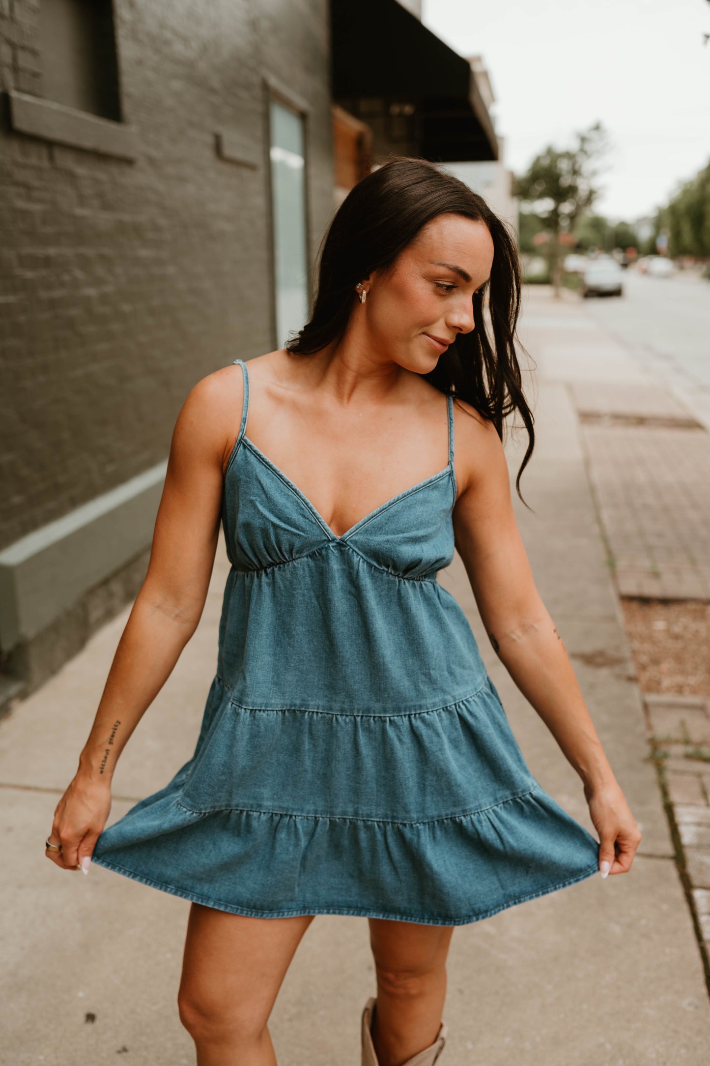 SPAGHETTI STRAP TIERED DENIM DRESS