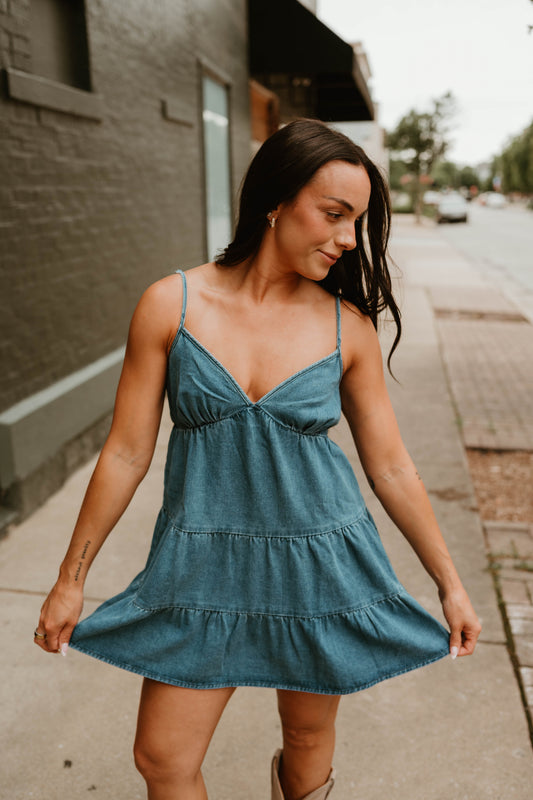 SPAGHETTI STRAP TIERED DENIM DRESS