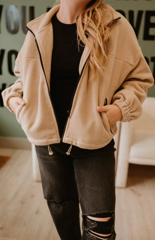 TAN FLEECE CROPPED JACKET