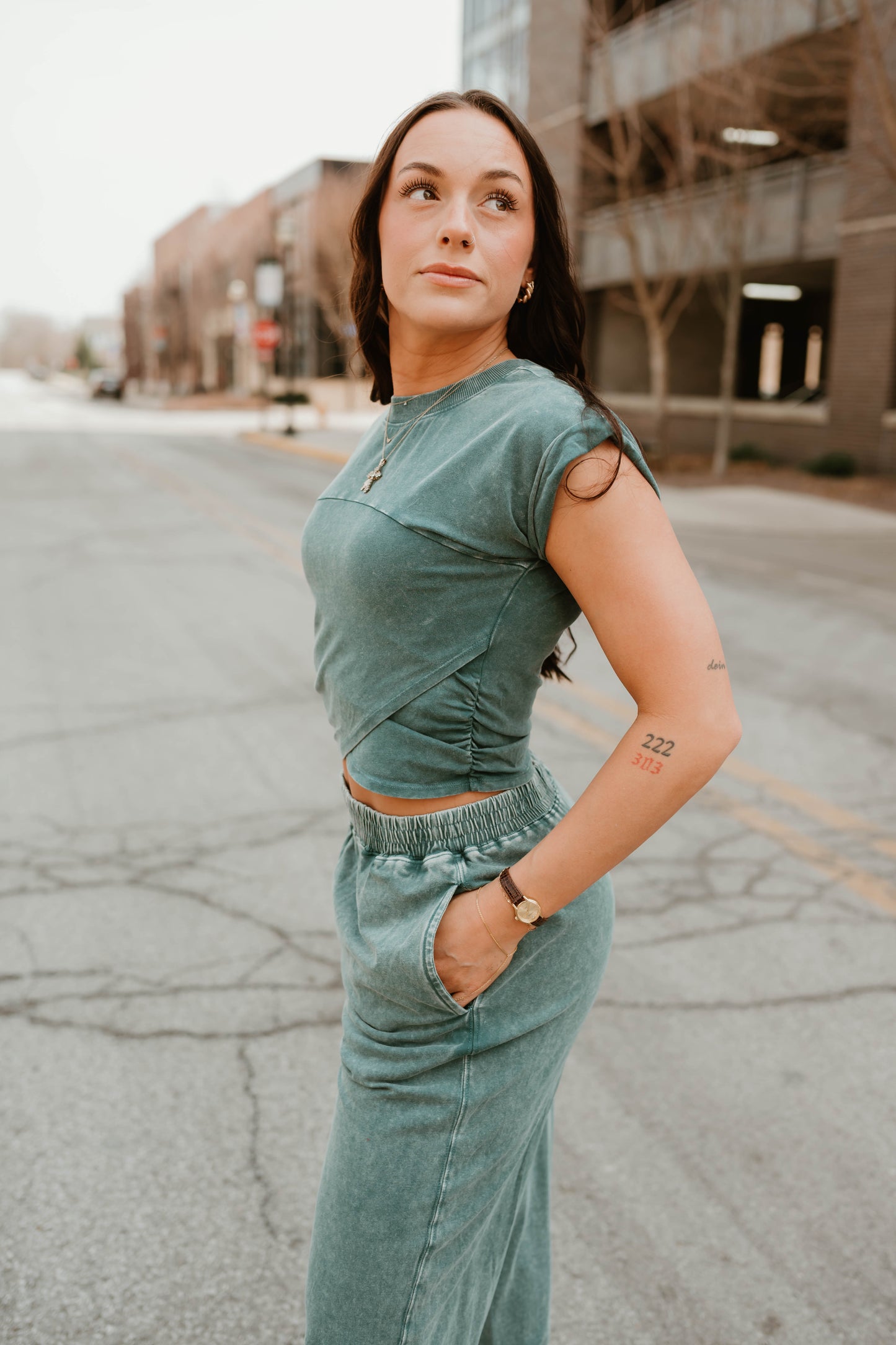 TEAL WRAP FRONT CROPPED TEE + JOGGER SET