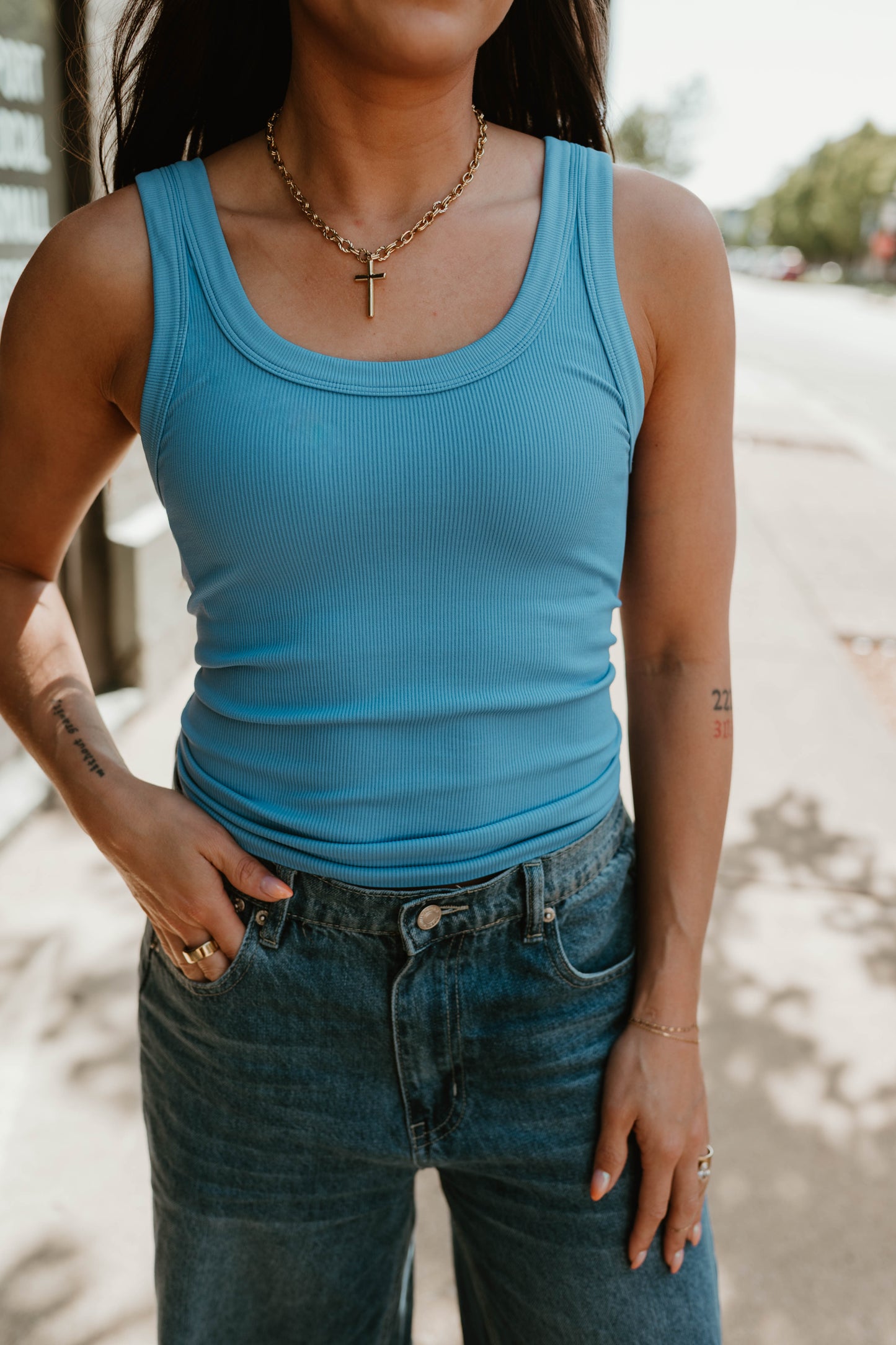 BLUE REVERSIBLE RIBBED KNIT TANK