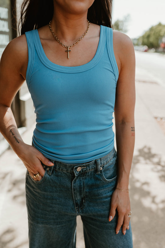BLUE REVERSIBLE RIBBED KNIT TANK