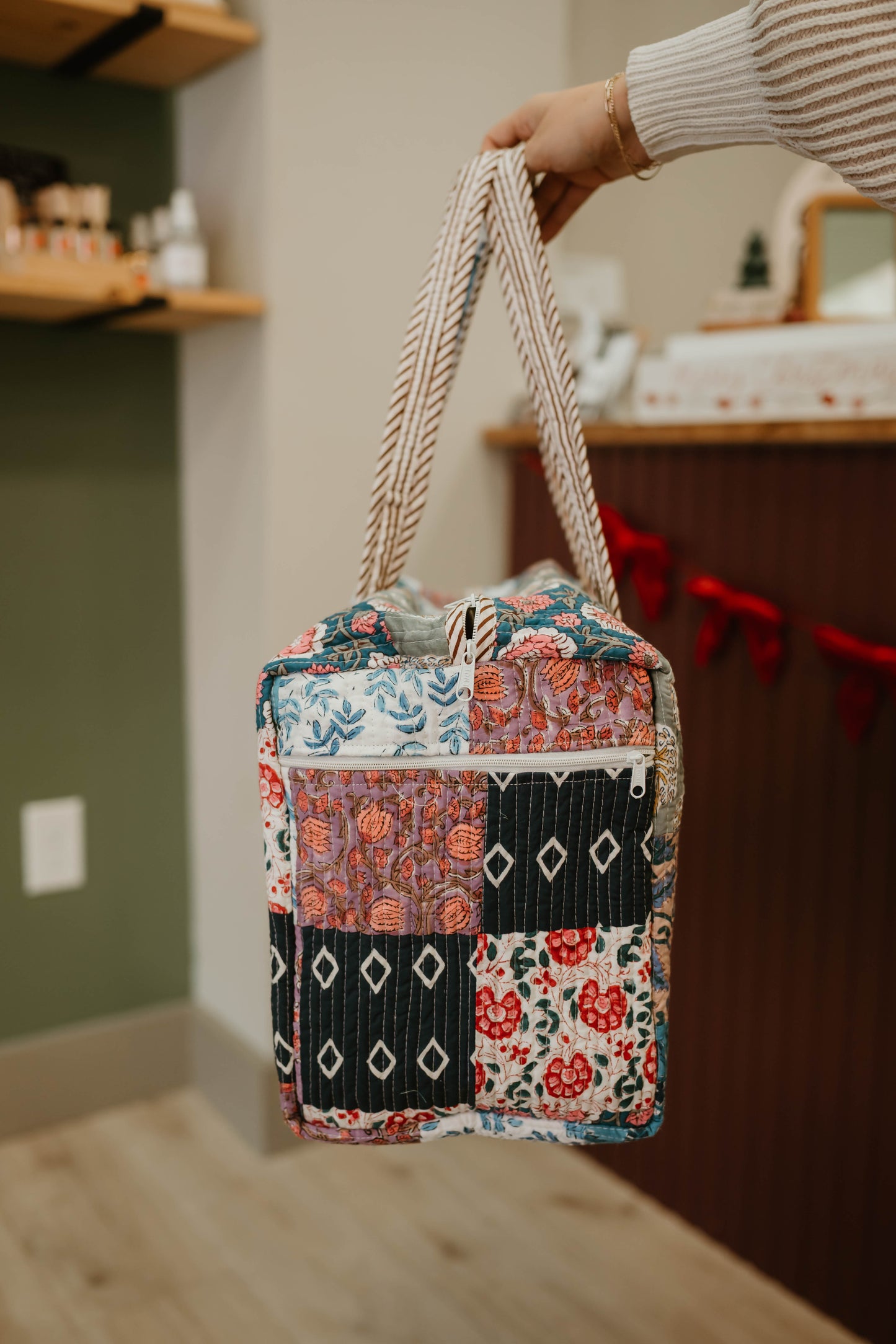 NAVY + PURPLE QUILTED PATCHWORK DUFFLE