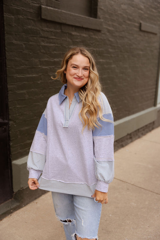 COLOR BLOCK COLLARED PULLOVER