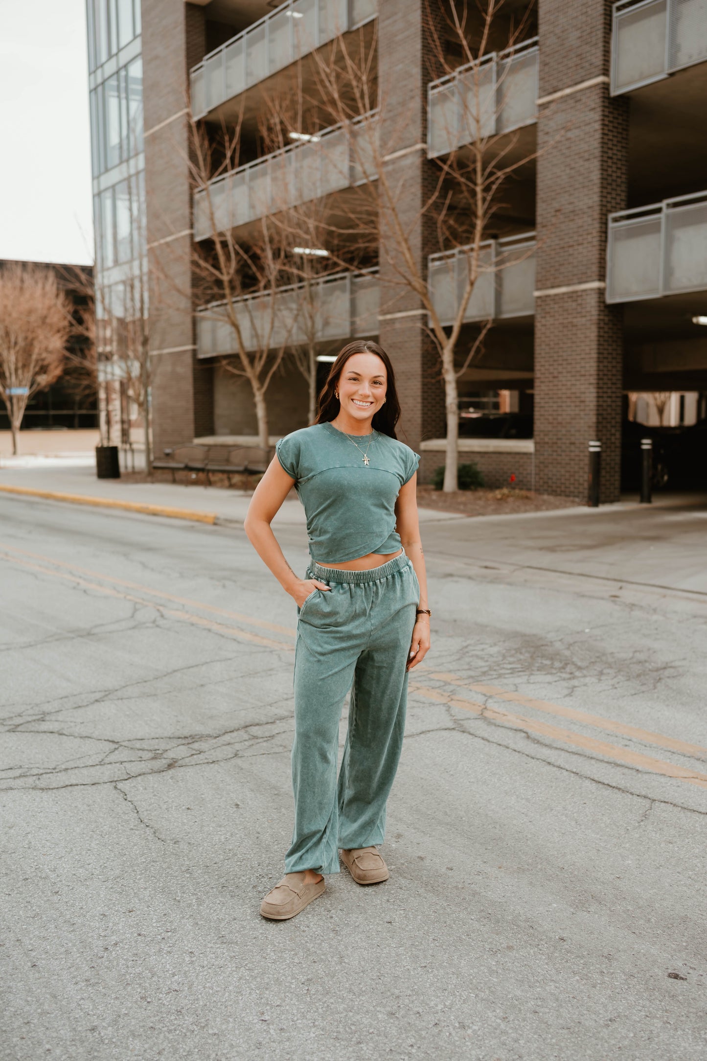 TEAL WRAP FRONT CROPPED TEE + JOGGER SET