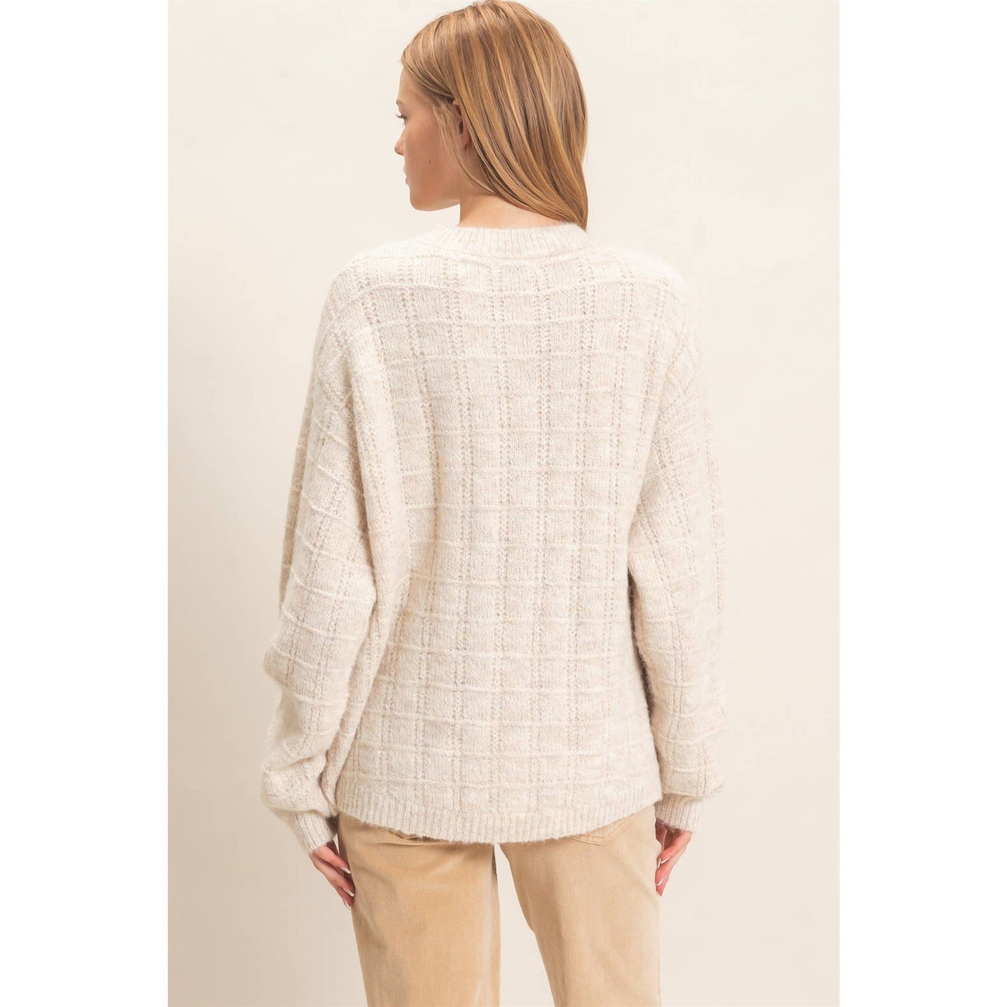 OATMEAL GRID KNIT SWEATER