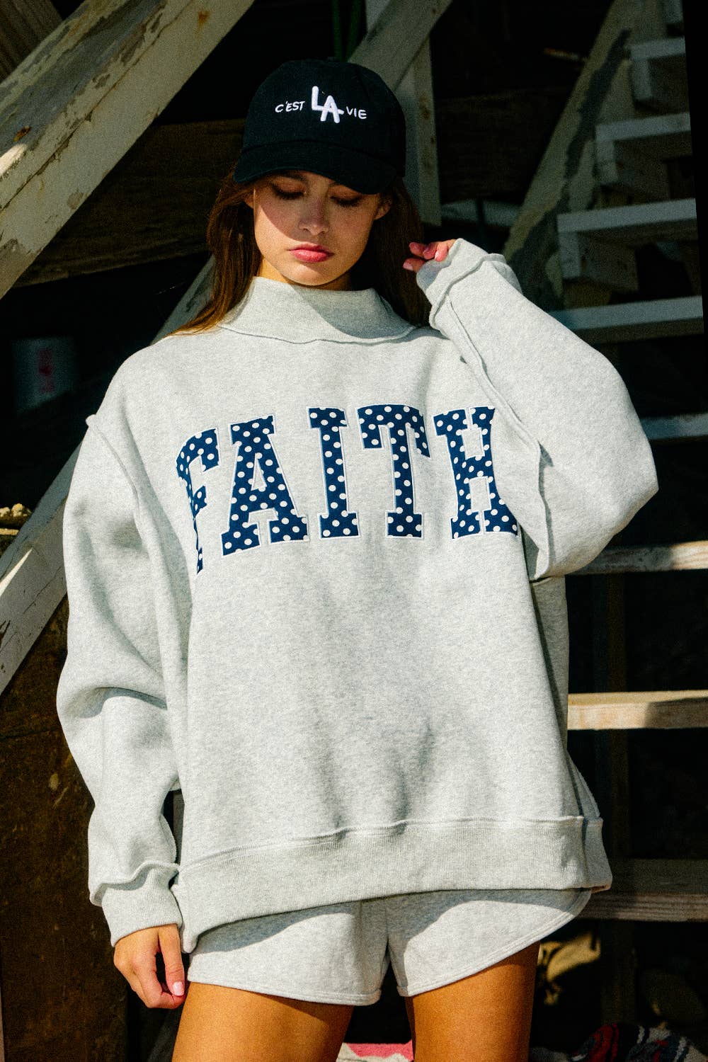 FAITH EMBROIDERED MOCK NECK PULLOVER