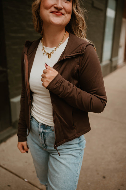 CHOCOLATE CROPPED ATHLETIC JACKET