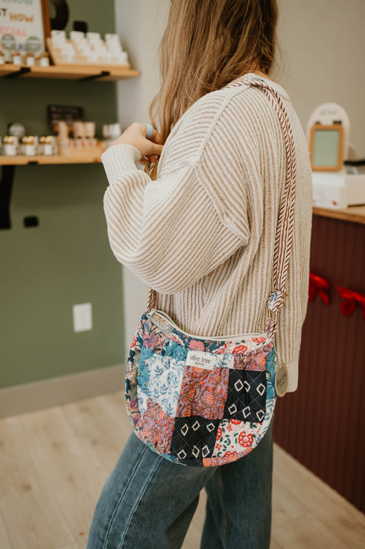 NAVY + PURPLE QUILTED PATCHWORK CROSSBODY