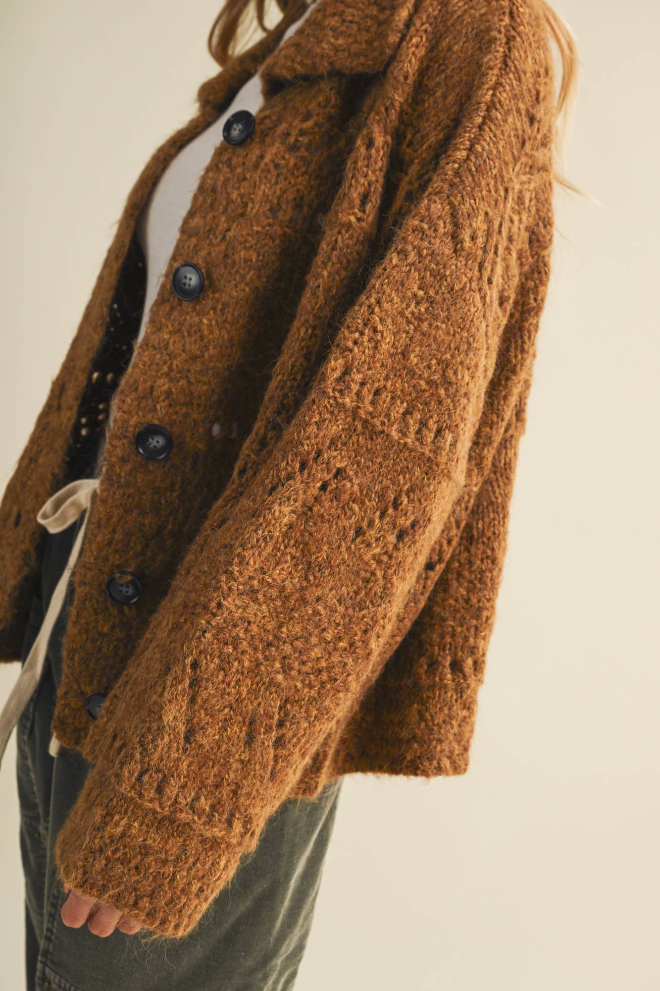 CAMEL OPEN KNIT BUTTON FRONT SWEATER