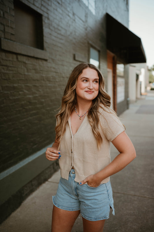 OATMEAL SHORT SLEEVE SWEATER